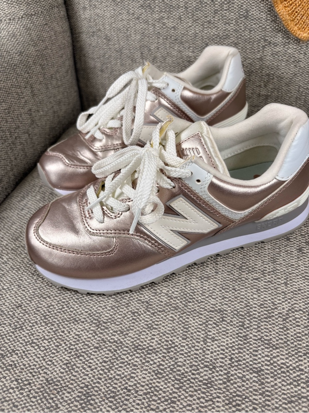 New Balance 574 Rose Gold and Cream Metallic Sneakers - Picture 10 of 10